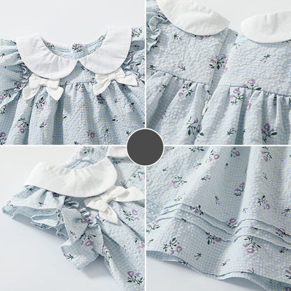 Baby Girl Flower Graphic Bow Tie Decoration Plaid Dress