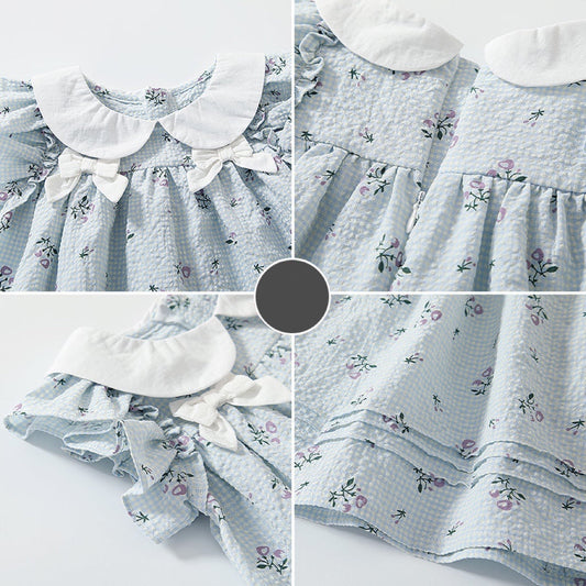 Baby Girl Flower Graphic Bow Tie Decoration Plaid Dress