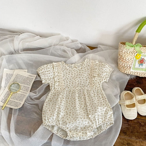 Baby Girl White Ditsy Flower Pattern Round Neck Onesies