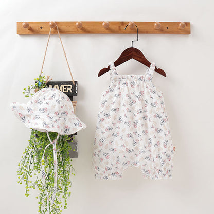 Baby Girls Floral Pattern Sleeveless Summer Rompers With Hat In Summer