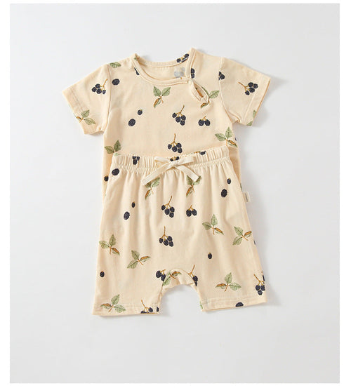 Baby Printed Pattern Round Collar With Button Short-Sleeved Top Combo