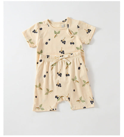 Baby Printed Pattern Round Collar With Button Short-Sleeved Top Combo