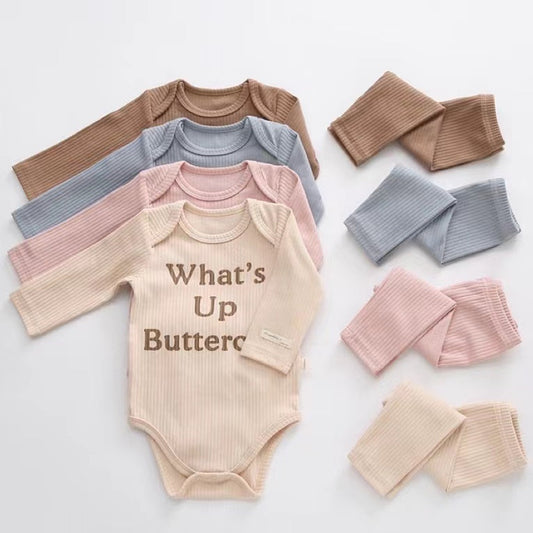 Baby Slogan Print Pattern Long-Sleeved Onesies Combo Solid Pants Sets