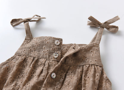 Baby Girls Solid Color Hollow Design Sleeveless Onesies With Bottons