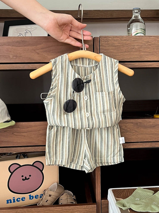 Summer Baby Kids Boys Striped Pattern Sleeveless Vest And Shorts