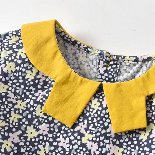 Baby Girl Floral Print Doll Neck Patchwork Design Cotton Dress