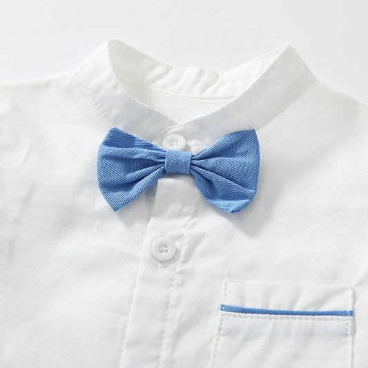 Baby Boy Solid Color Single Breasted Design Bow Tie Shirt Combo Shorts