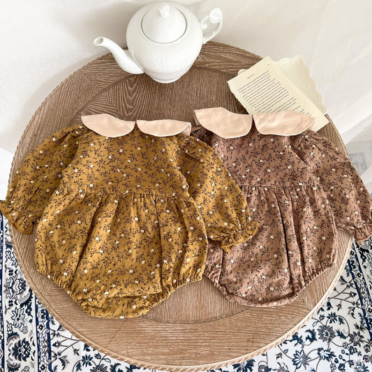Baby Girl Floral Pattern Doll Neck Vintage Style Bodysuit