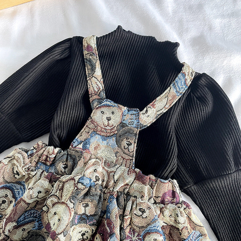 Baby Girls Solid Top Combo Cartoon Pattern Overalls Dress In Sets