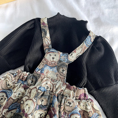 Baby Girls Solid Top Combo Cartoon Pattern Overalls Dress In Sets