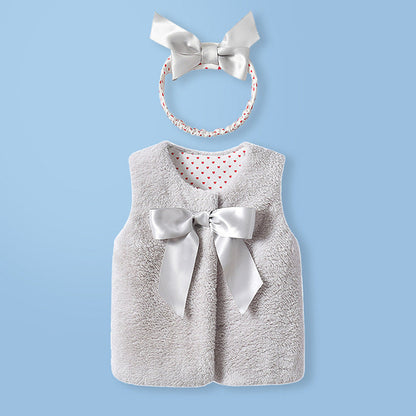 Baby Girl 1pcs Bow Tie Patched Design Sleeveless Coral Fleece Outing