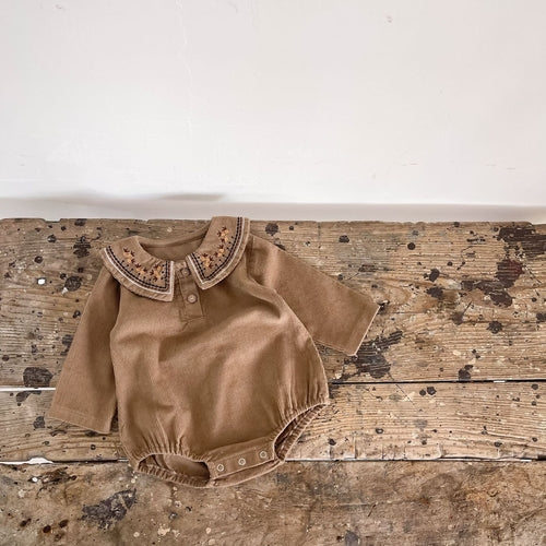 Baby Girl Embroidered Collar Long-Sleeved Corduroy Onesie