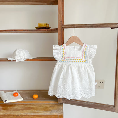 Baby Girls Embroidered Pattern Hollow Carved Design Dress With Hat In
