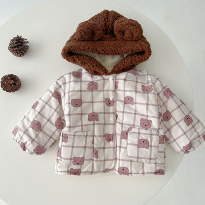 Baby Cute Bear Print Pattern Patchwork Hooded Padded Jacket