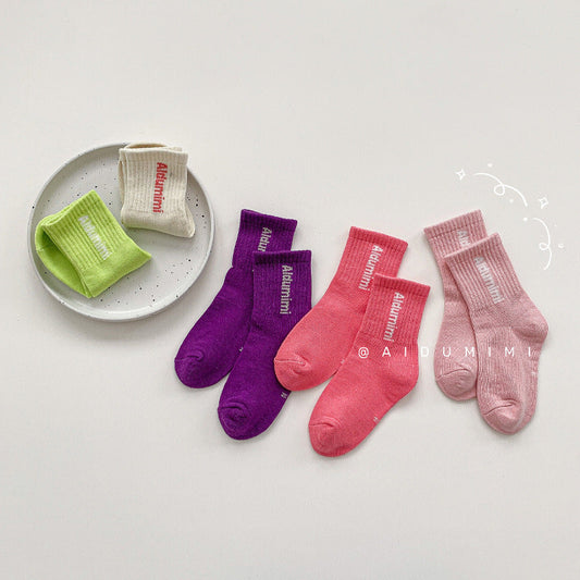 Baby Solid Color Letter Print Pattern Mid-Tube Socks 1bag=5pairs