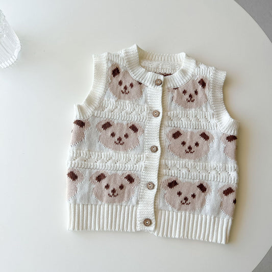 Baby Bear Pattern Single Breasted Design Vest Knit Cardigan