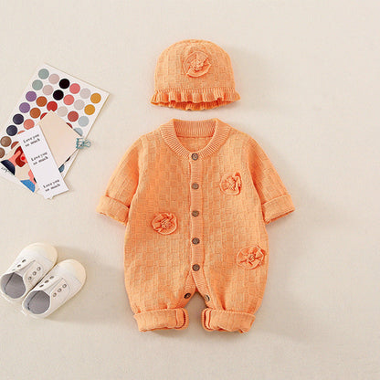 Baby Solid Color Flower Patched Design Thermal Romper
