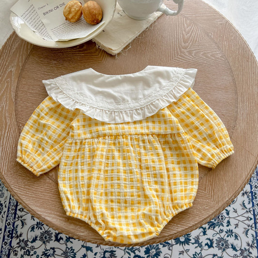 Baby Girl Yellow Plaid Pattern Ruffle Lapel Design Bodysuit