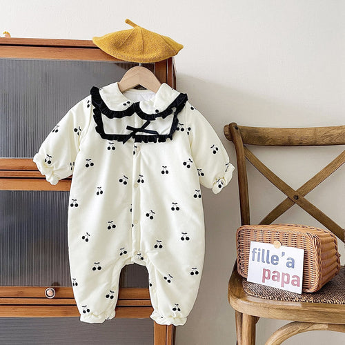 Baby Girl CHerry Pattern Mesh Patched Design Thermal Romper