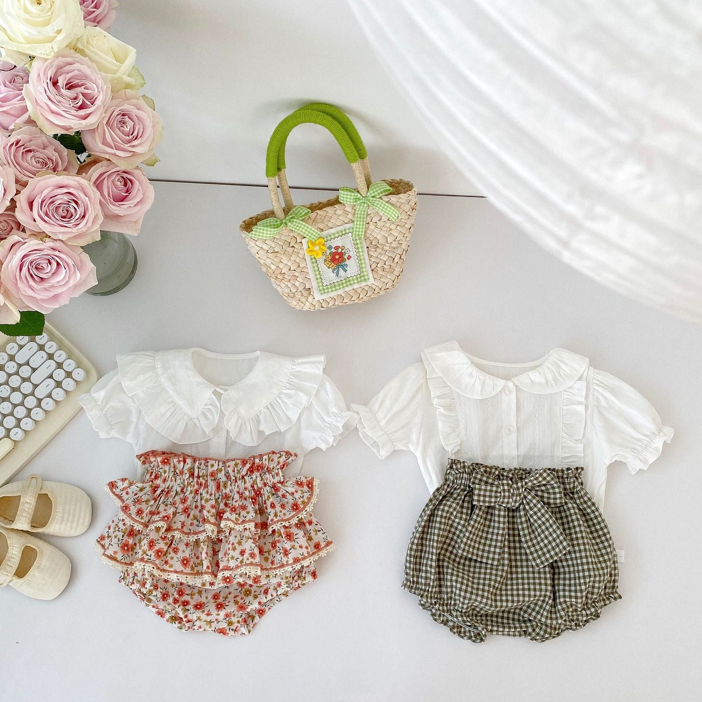 Baby Girl White Blouses With Floral & Plaid Pattern Skirts Sets