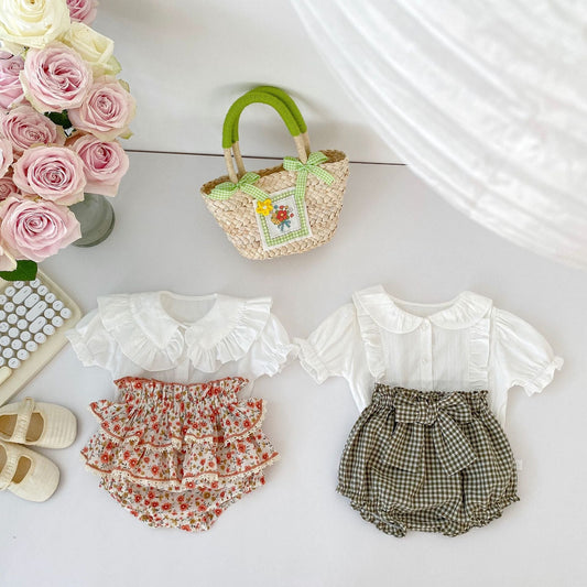 Baby Girl White Blouses With Floral & Plaid Pattern Skirts Sets