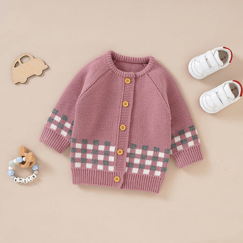 Baby Plaid Pattern Single Breasted Deisgn Knitted Cardigan