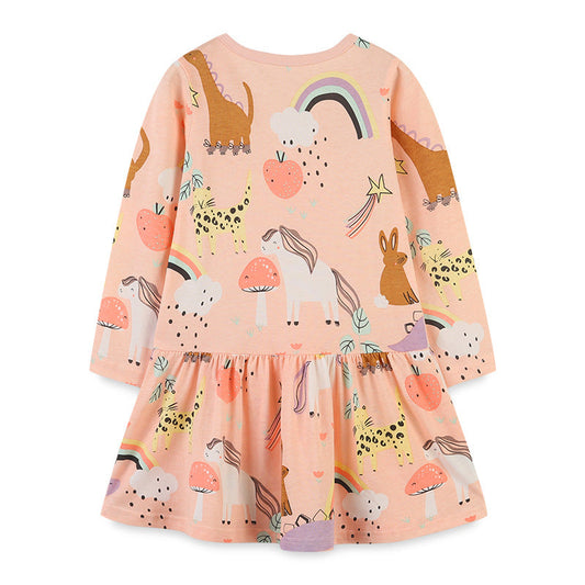 Baby Girl Cartoon Print Pattern O-Neck Long Sleeve Pullover Dress