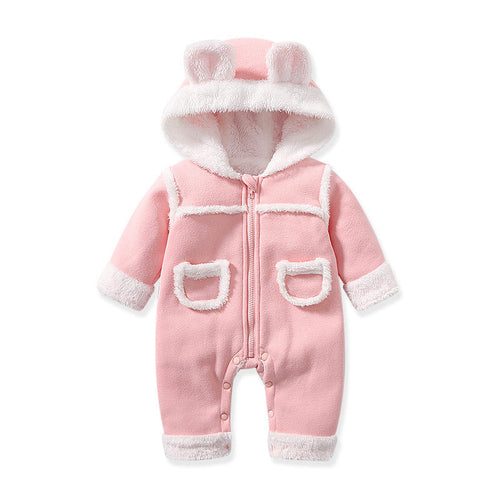 Baby Cute Long Sleeve Design Solid Color Thicken Warm Rompers With Hat