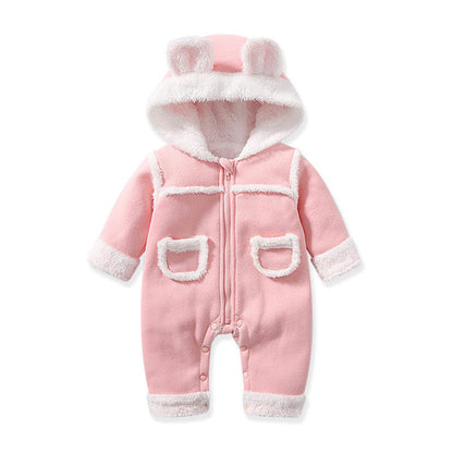 Baby Cute Long Sleeve Design Solid Color Thicken Warm Rompers With Hat