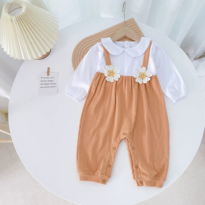 Baby Girl 3D Flower Patched Pattern False 1-Piece Design Doll Neck