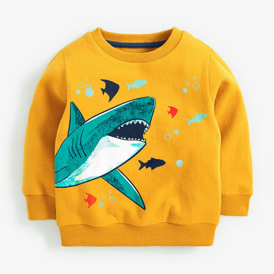 Baby Boy Cartoon Shark Graphic Hoodie Combo Solid Yellow Trousers