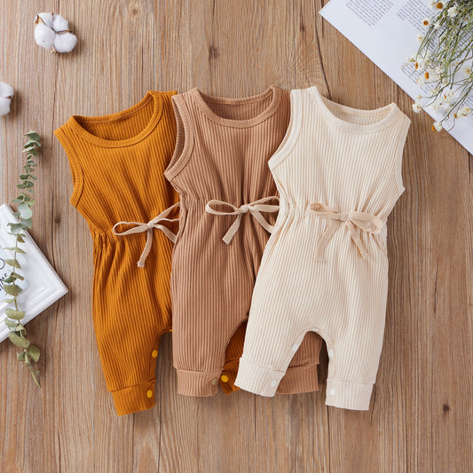 Baby Ribbed Knitted Graphic Belted Design Sleeveless Crotch Rompers