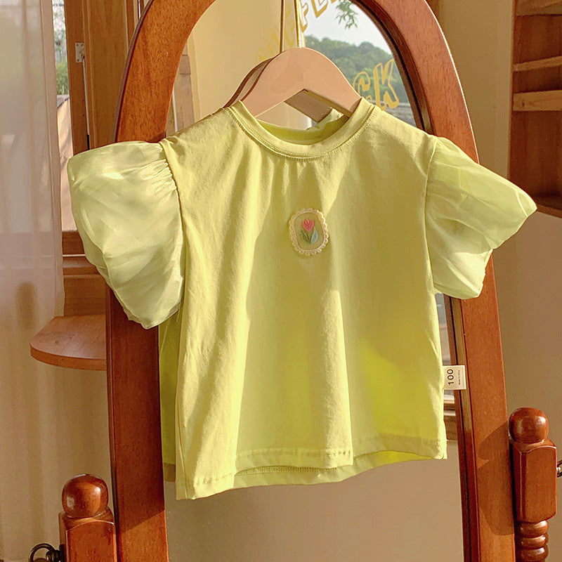 Summer New Design Girls Crew Neck Short Lantern Sleeves Little Flower