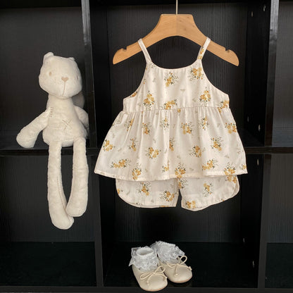 Baby Girl Flower Pattern Sling Tops With Shorts Sets