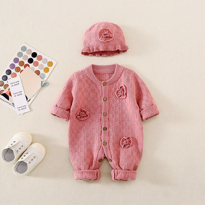 Baby Solid Color Flower Patched Design Thermal Romper