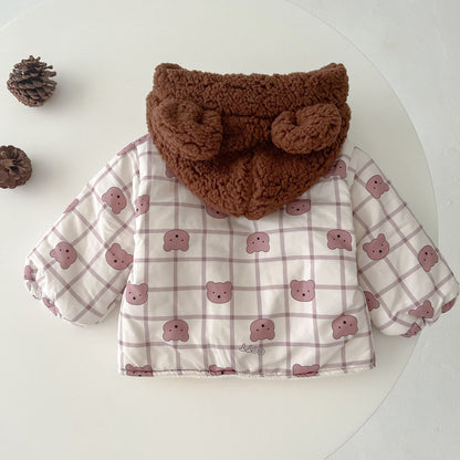 Baby Cute Bear Print Pattern Patchwork Hooded Padded Jacket