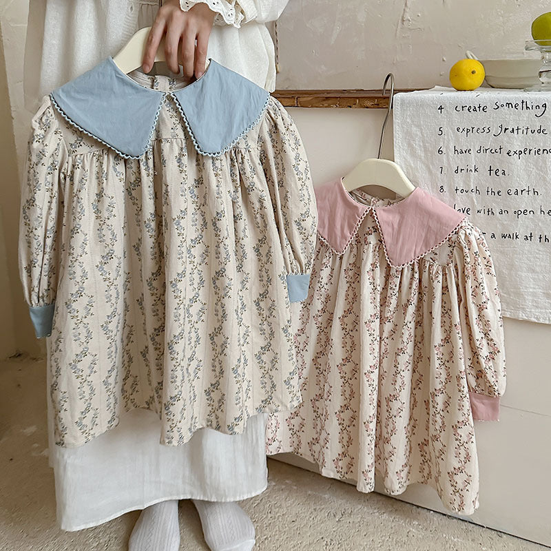 French Style Autumn Girls Floral Argyle Pattern Long Sleeves Dress