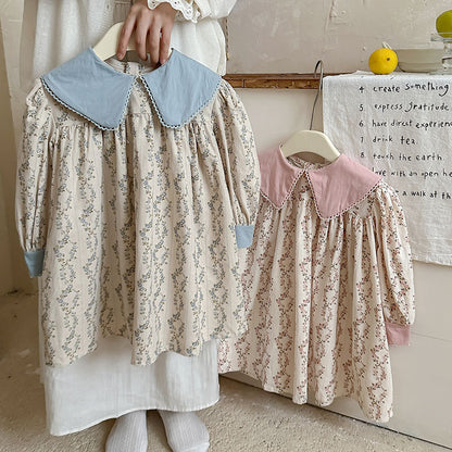 French Style Autumn Girls Floral Argyle Pattern Long Sleeves Dress