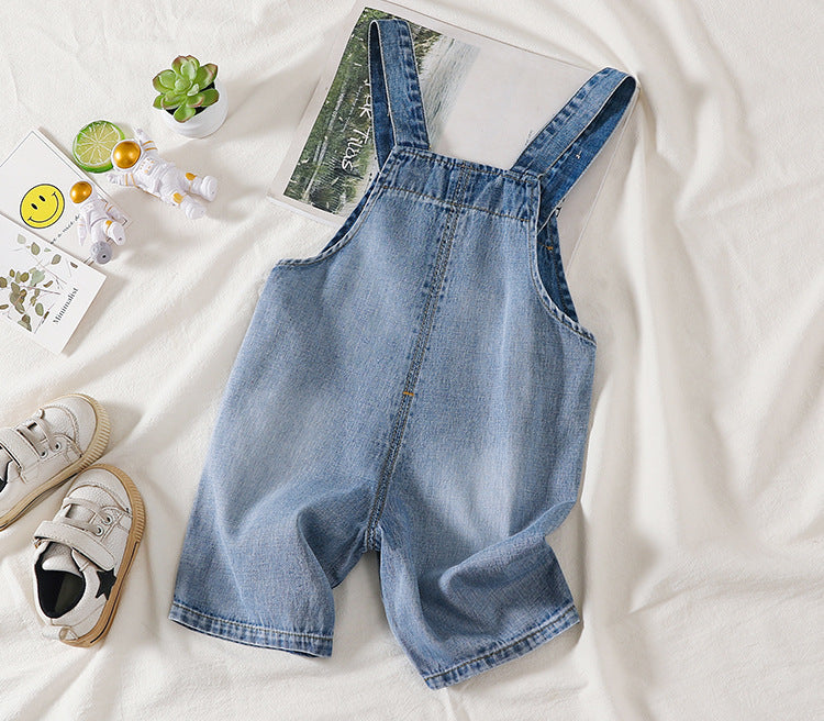 Baby Boy Embroidered Print Washed Blue Denim Short Overalls With