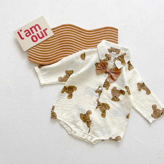 Baby Boy Solid Color & Bear Print Shirt Single Breasted Design