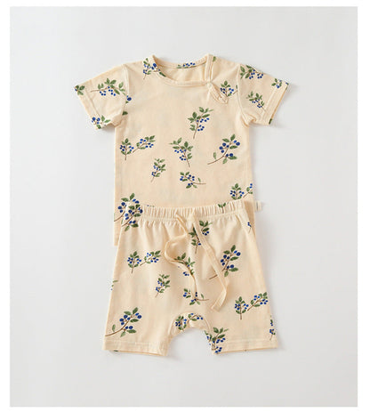 Baby Printed Pattern Round Collar With Button Short-Sleeved Top Combo