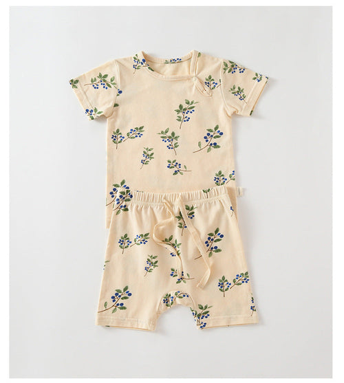 Baby Printed Pattern Round Collar With Button Short-Sleeved Top Combo