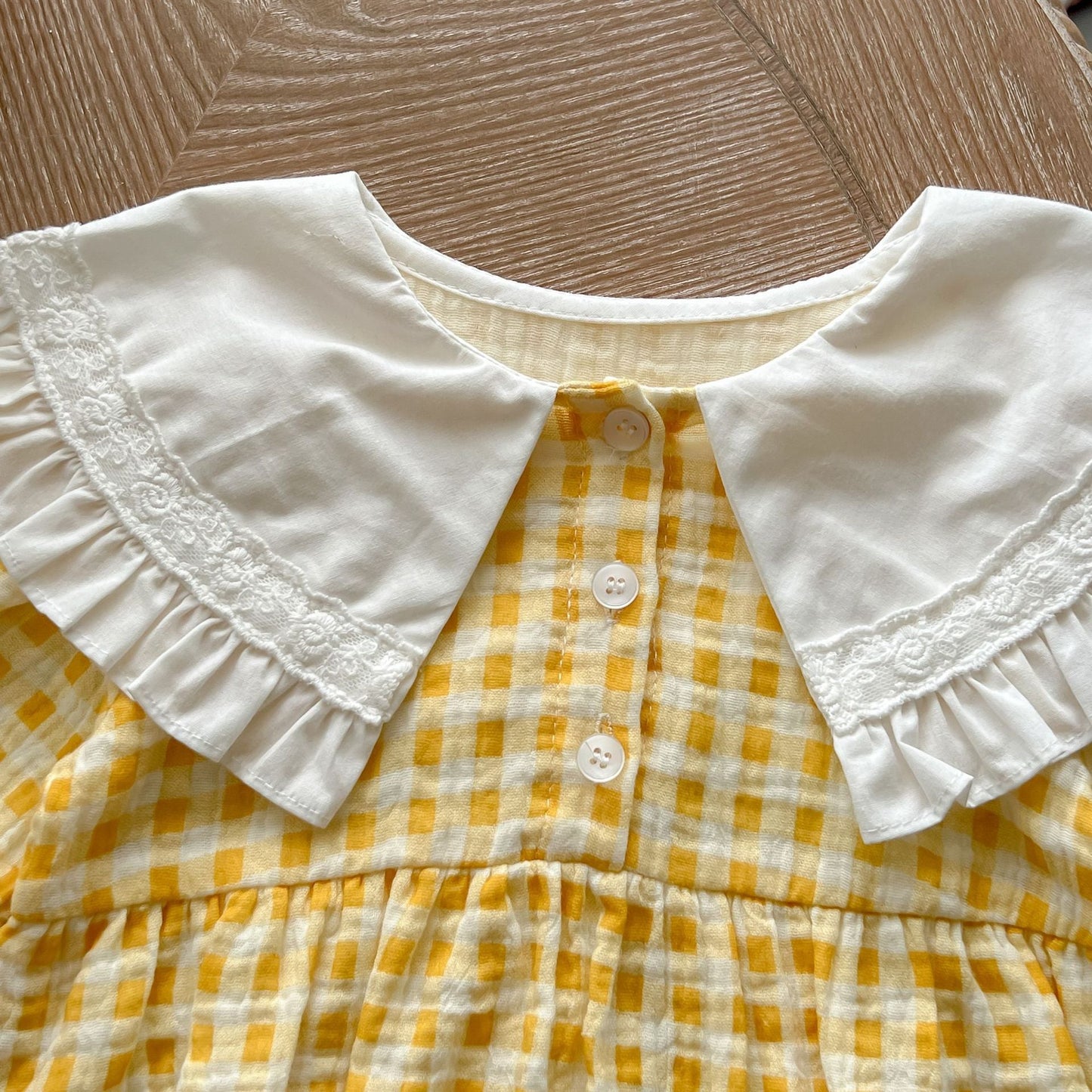 Baby Girl Yellow Plaid Pattern Ruffle Lapel Design Bodysuit