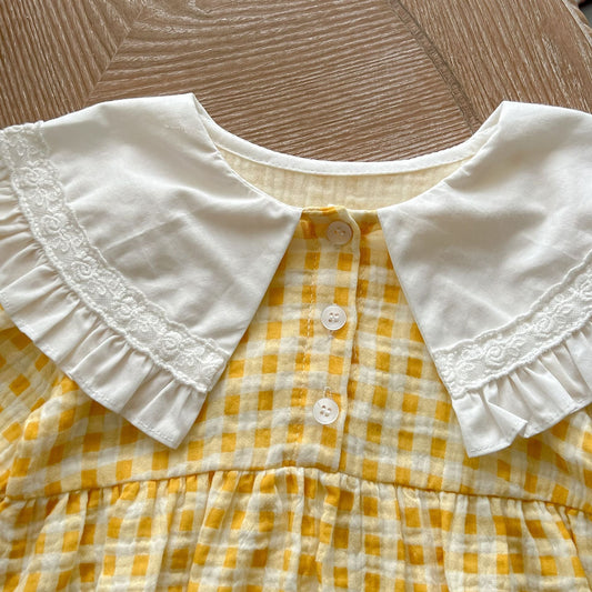 Baby Girl Yellow Plaid Pattern Ruffle Lapel Design Bodysuit