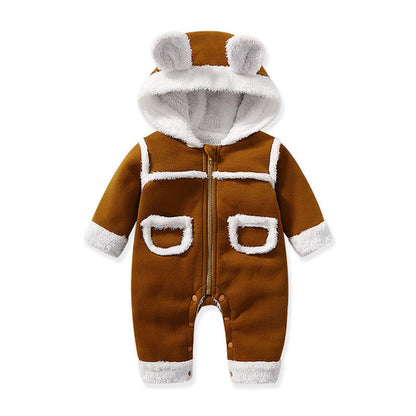 Baby Cute Long Sleeve Design Solid Color Thicken Warm Rompers With Hat