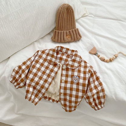 Baby Checkerboard Pattern Bear Patched Design Coat