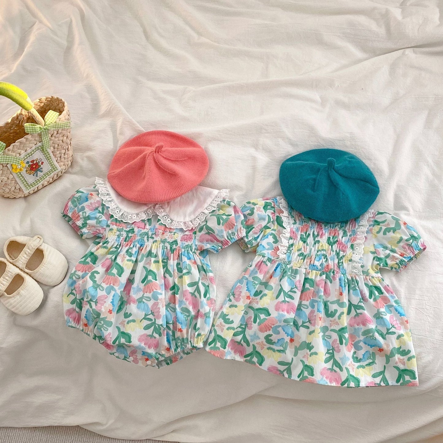 Baby Floral Graphic Doll Neck Short Sleeves Onesies & Dress