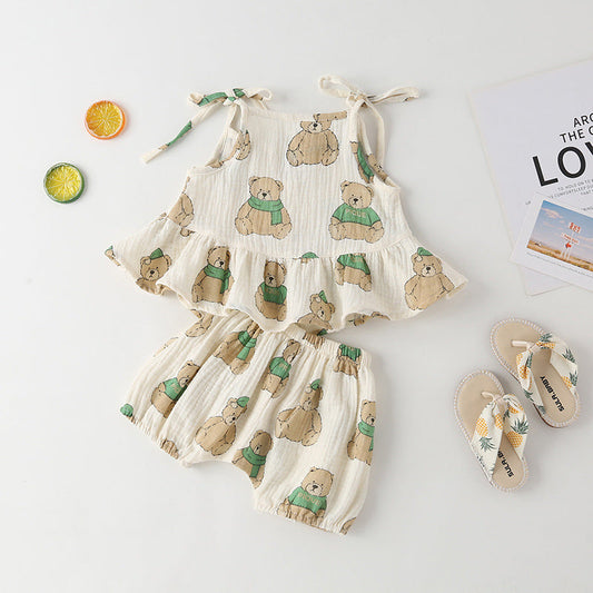 Baby Girl Small-Bear Cartoon Pattern Flounce Design Sleeveless