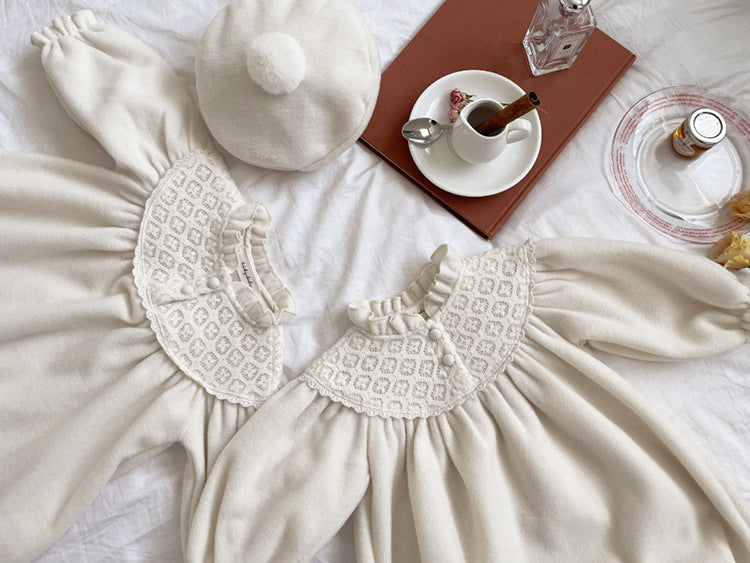 Baby Girl Solid Color Mesh Patchwork Design Long Sleeve Court Style