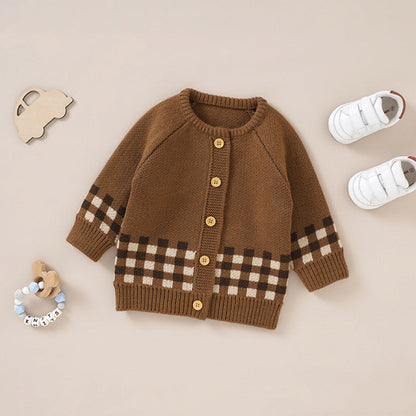 Baby Plaid Pattern Single Breasted Deisgn Knitted Cardigan